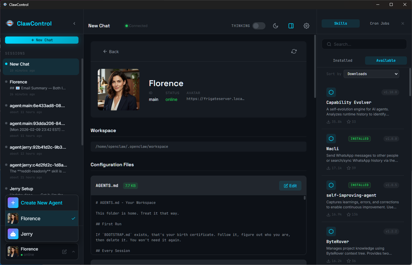 Agent profile with config and workspace files